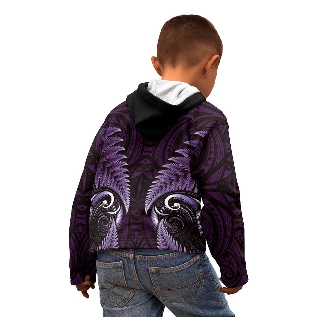 Aotearoa Pounamu Niho Kid Hoodie Silver Fern Mix Maori Pattern - Purple - Vibe Hoodie Shop