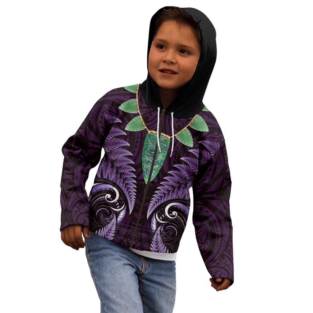 Aotearoa Pounamu Niho Kid Hoodie Silver Fern Mix Maori Pattern - Purple - Vibe Hoodie Shop