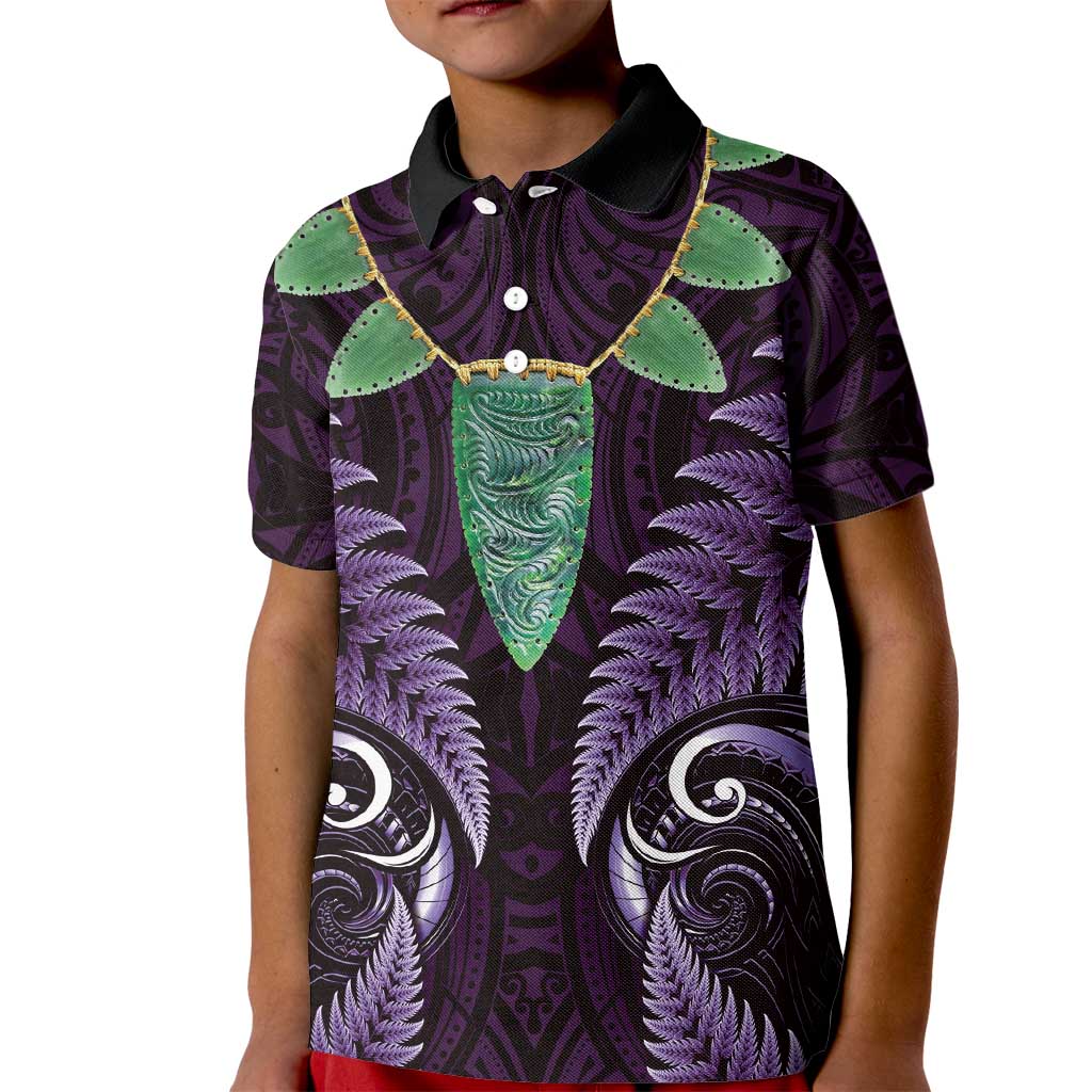 Aotearoa Pounamu Niho Kid Polo Shirt Silver Fern Mix Maori Pattern - Purple - Vibe Hoodie Shop