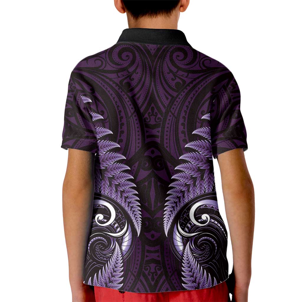 Aotearoa Pounamu Niho Kid Polo Shirt Silver Fern Mix Maori Pattern - Purple - Vibe Hoodie Shop