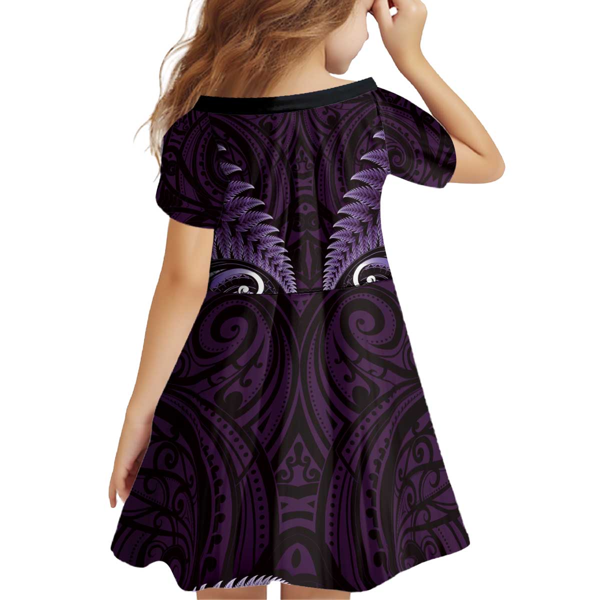 Aotearoa Pounamu Niho Kid Short Sleeve Dress Silver Fern Mix Maori Pattern - Purple - Vibe Hoodie Shop