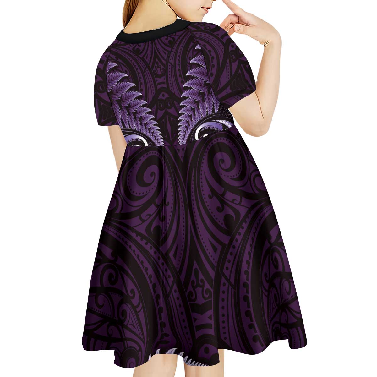 Aotearoa Pounamu Niho Kid Short Sleeve Dress Silver Fern Mix Maori Pattern - Purple - Vibe Hoodie Shop