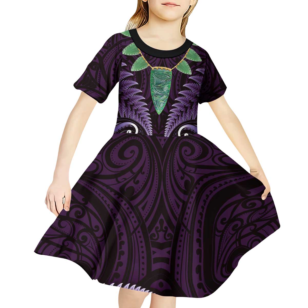 Aotearoa Pounamu Niho Kid Short Sleeve Dress Silver Fern Mix Maori Pattern - Purple - Vibe Hoodie Shop