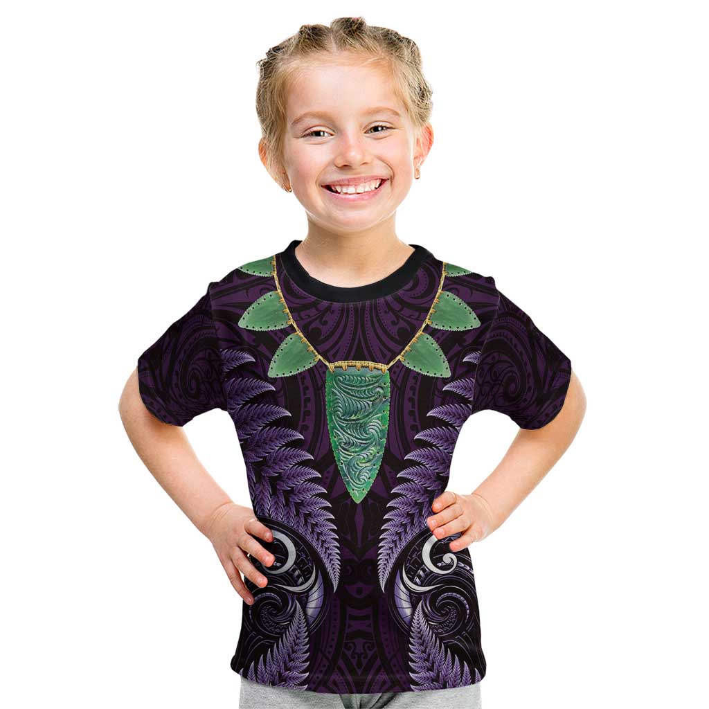 Aotearoa Pounamu Niho Kid T Shirt Silver Fern Mix Maori Pattern - Purple - Vibe Hoodie Shop