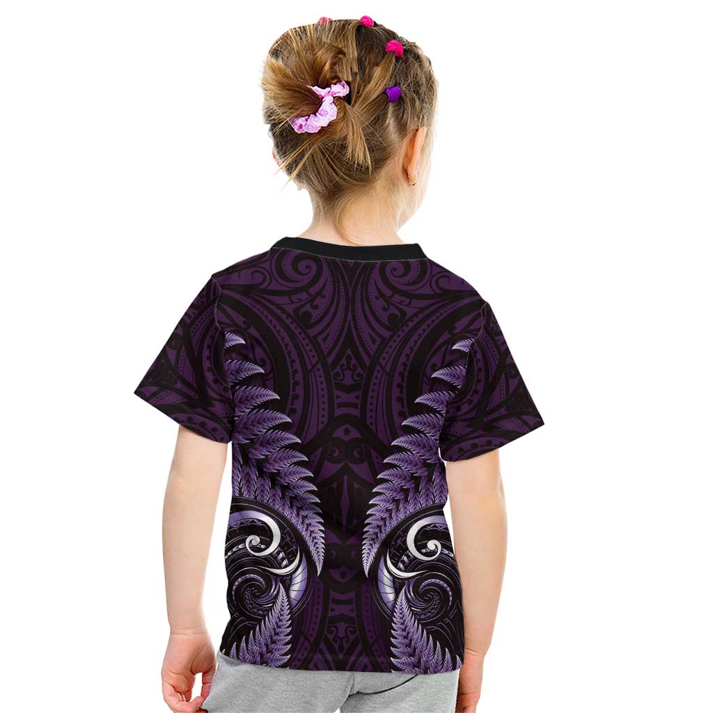 Aotearoa Pounamu Niho Kid T Shirt Silver Fern Mix Maori Pattern - Purple - Vibe Hoodie Shop