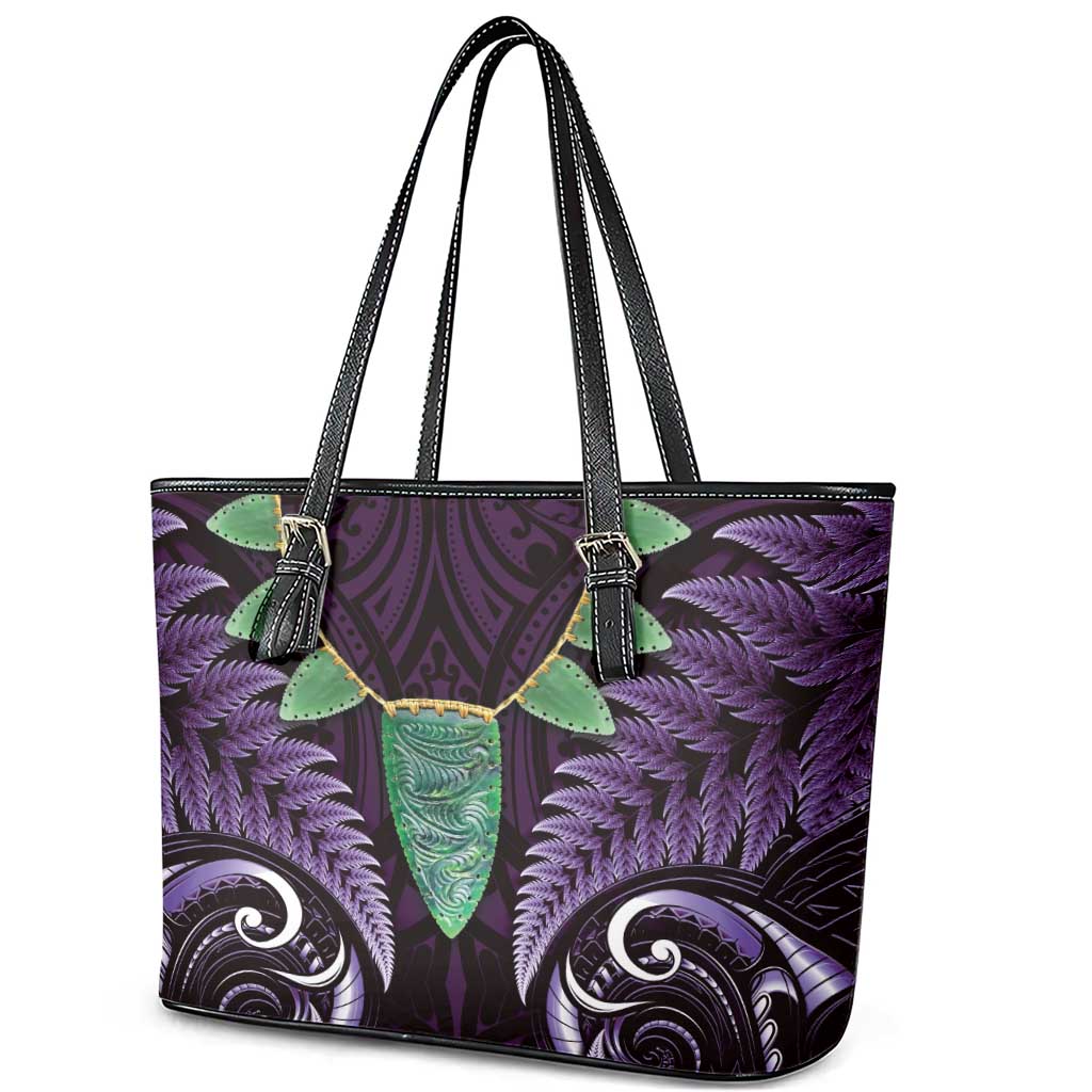 Aotearoa Pounamu Niho Leather Tote Bag Silver Fern Mix Maori Pattern - Purple