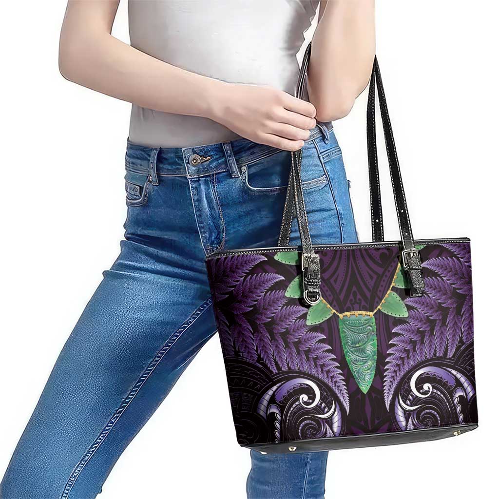 Aotearoa Pounamu Niho Leather Tote Bag Silver Fern Mix Maori Pattern - Purple