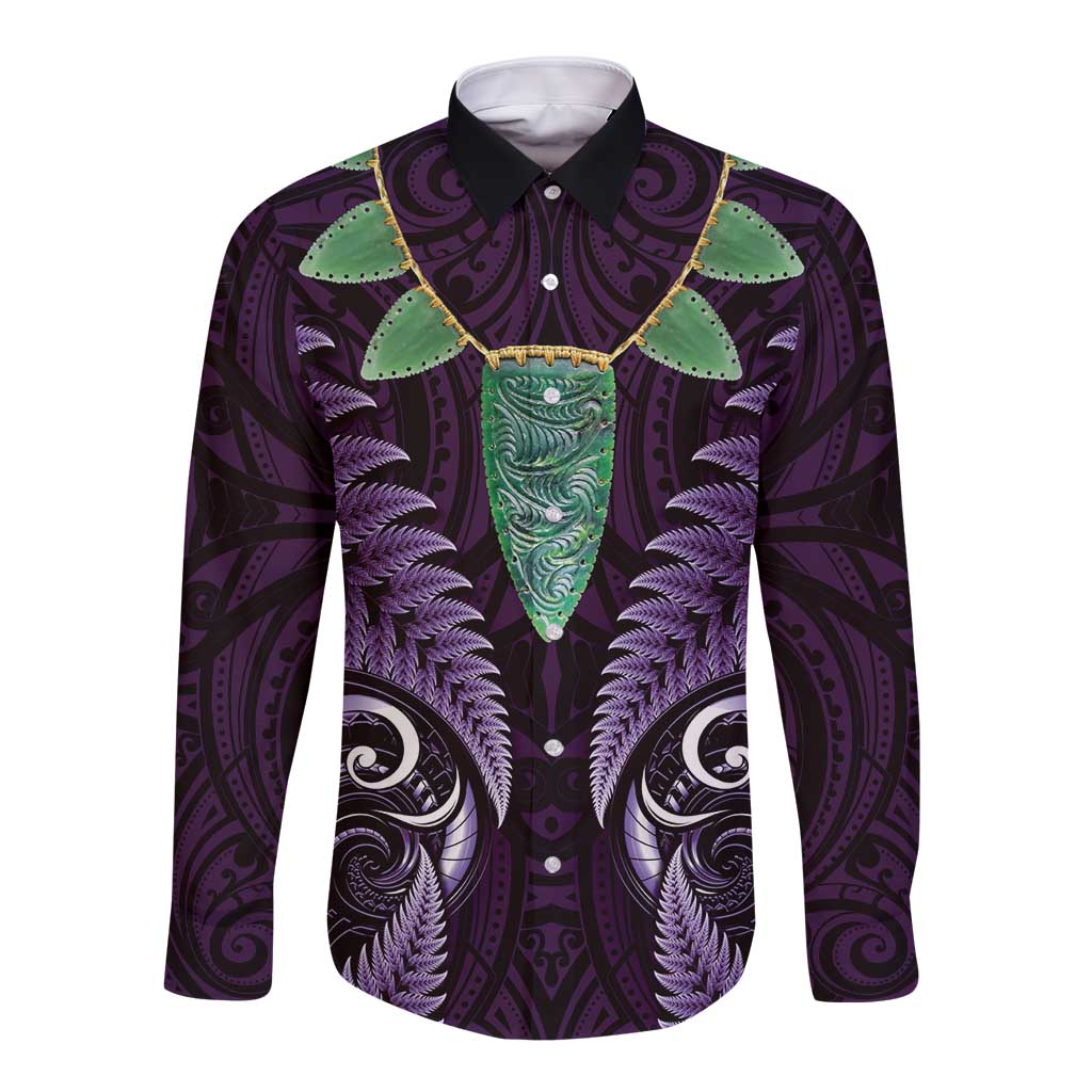 Aotearoa Pounamu Niho Long Sleeve Button Shirt Silver Fern Mix Maori Pattern - Purple - Vibe Hoodie Shop