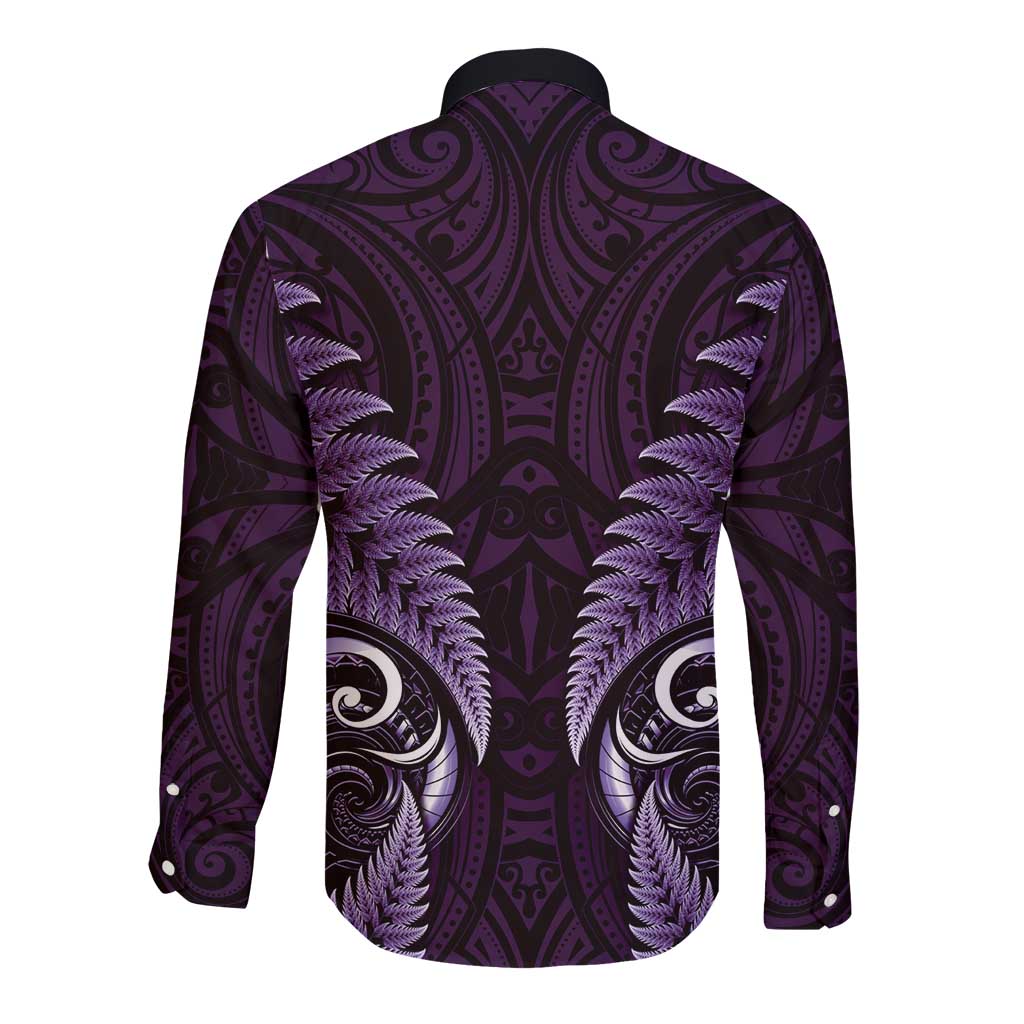 Aotearoa Pounamu Niho Long Sleeve Button Shirt Silver Fern Mix Maori Pattern - Purple - Vibe Hoodie Shop