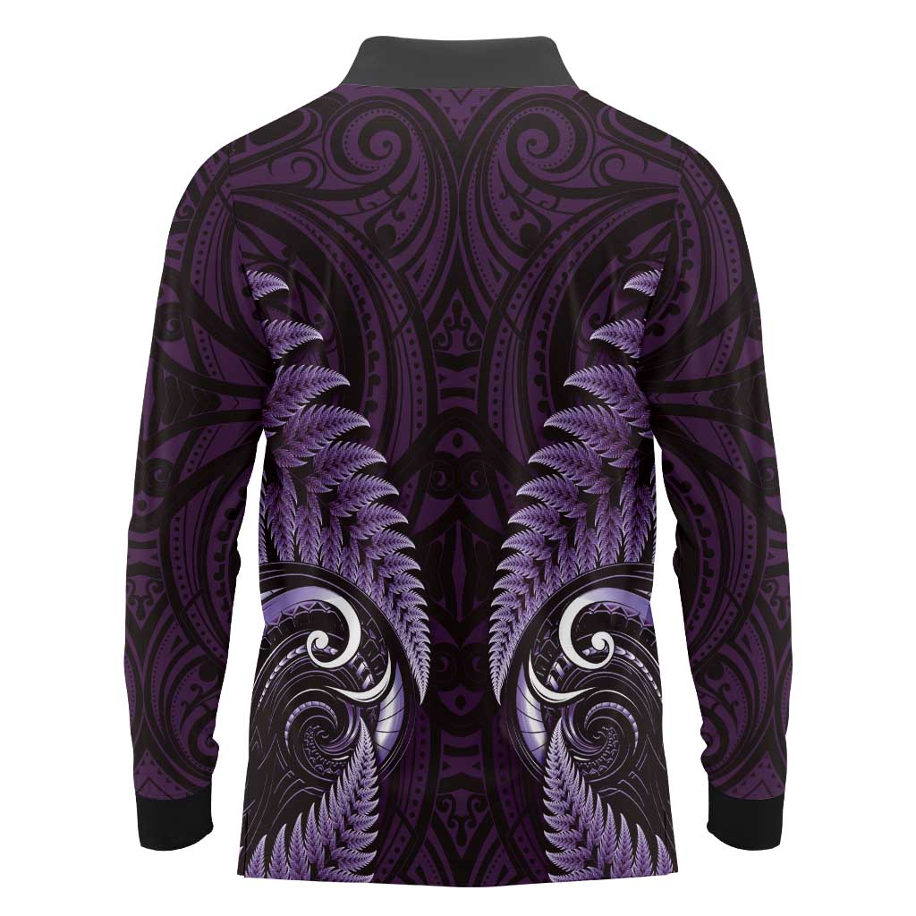 Aotearoa Pounamu Niho Long Sleeve Polo Shirt Silver Fern Mix Maori Pattern - Purple