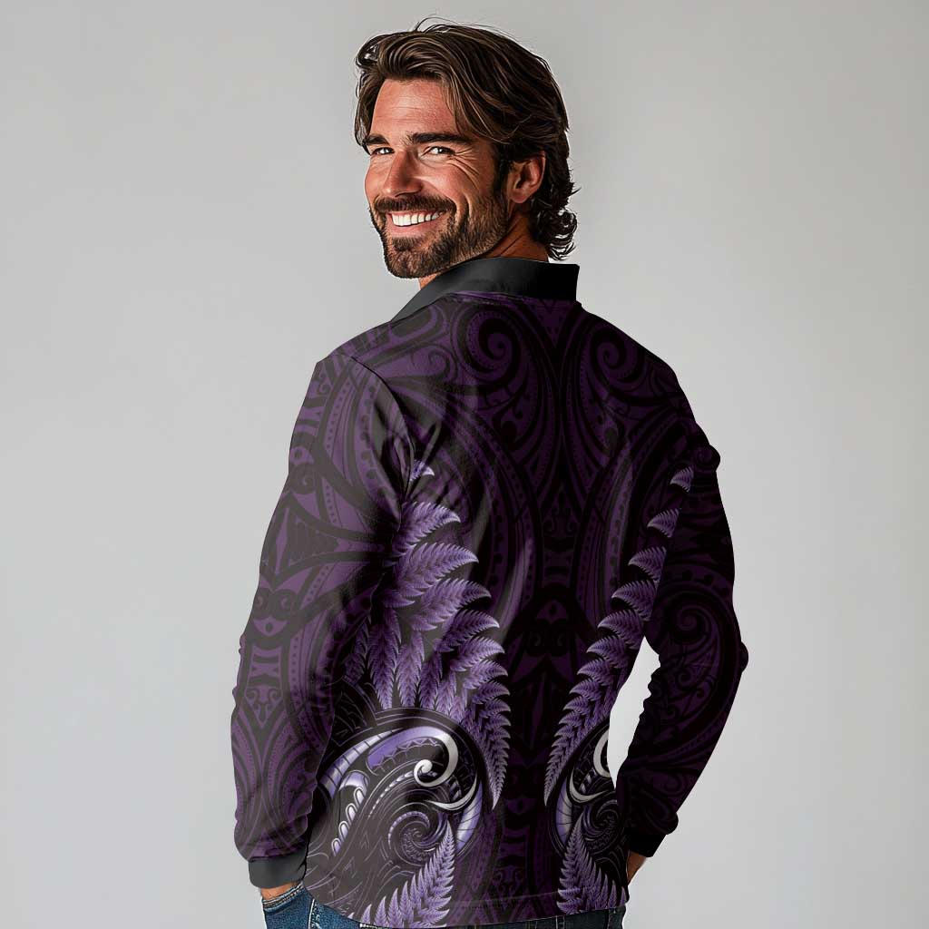 Aotearoa Pounamu Niho Long Sleeve Polo Shirt Silver Fern Mix Maori Pattern - Purple