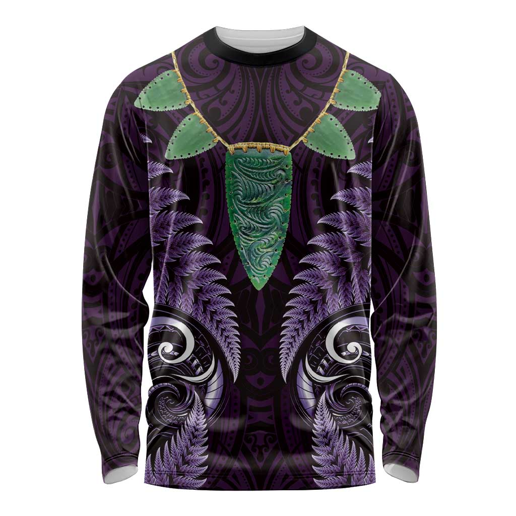 Aotearoa Pounamu Niho Long Sleeve Shirt Silver Fern Mix Maori Pattern - Purple - Vibe Hoodie Shop