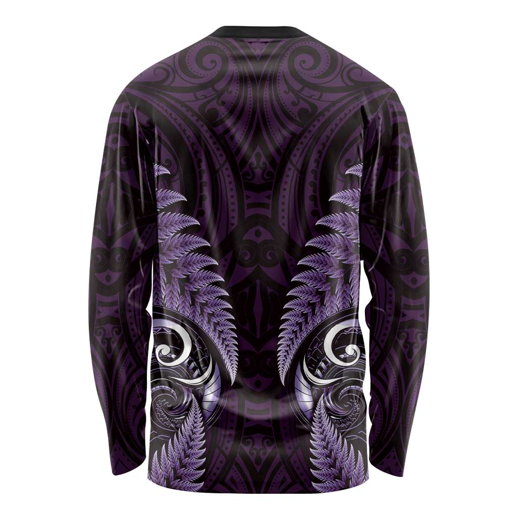 Aotearoa Pounamu Niho Long Sleeve Shirt Silver Fern Mix Maori Pattern - Purple - Vibe Hoodie Shop