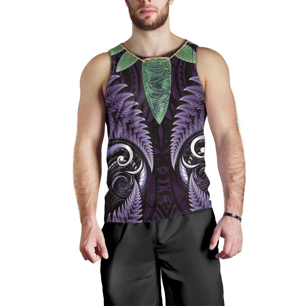 Aotearoa Pounamu Niho Men Tank Top Silver Fern Mix Maori Pattern - Purple - Vibe Hoodie Shop