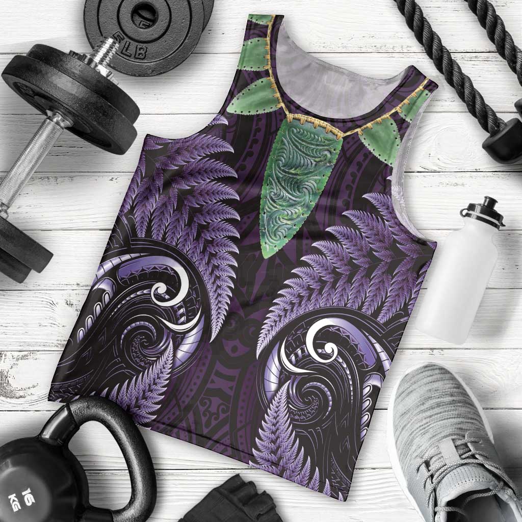 Aotearoa Pounamu Niho Men Tank Top Silver Fern Mix Maori Pattern - Purple - Vibe Hoodie Shop