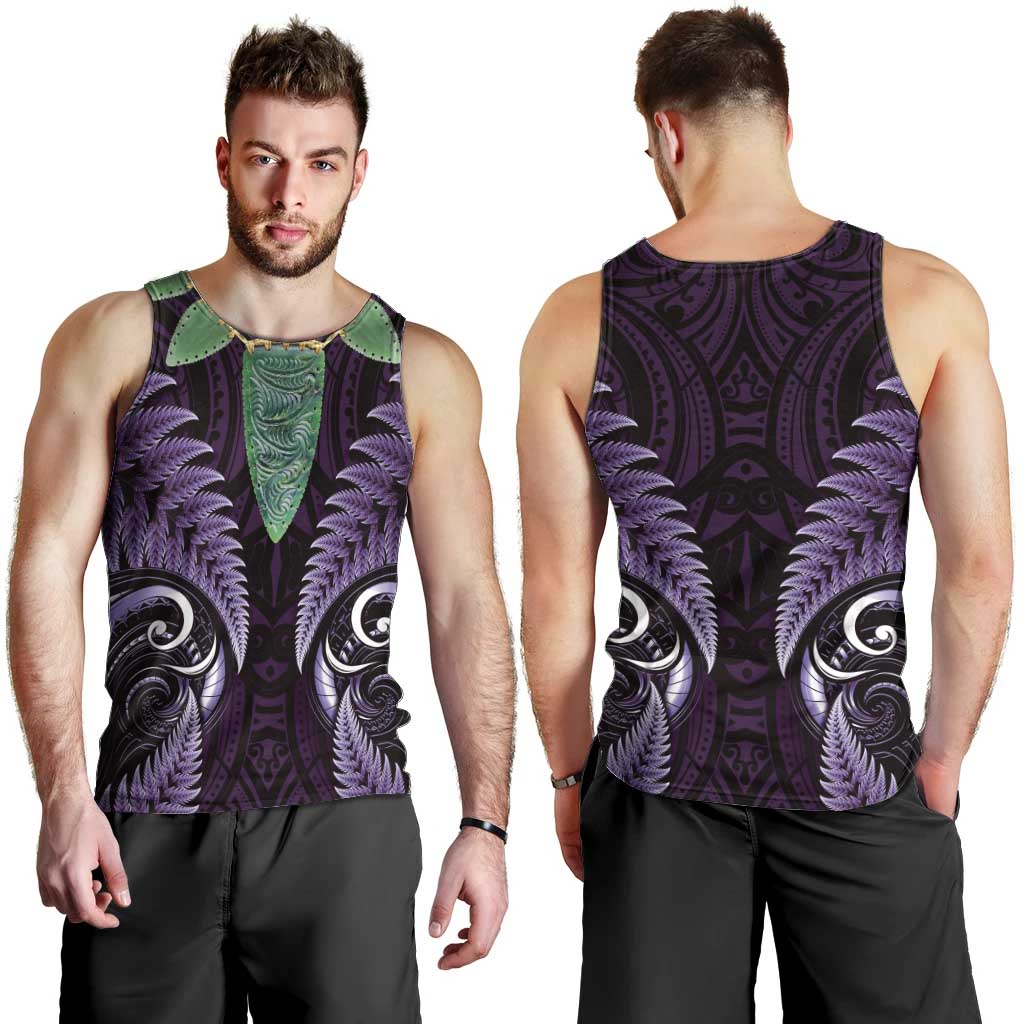 Aotearoa Pounamu Niho Men Tank Top Silver Fern Mix Maori Pattern - Purple - Vibe Hoodie Shop