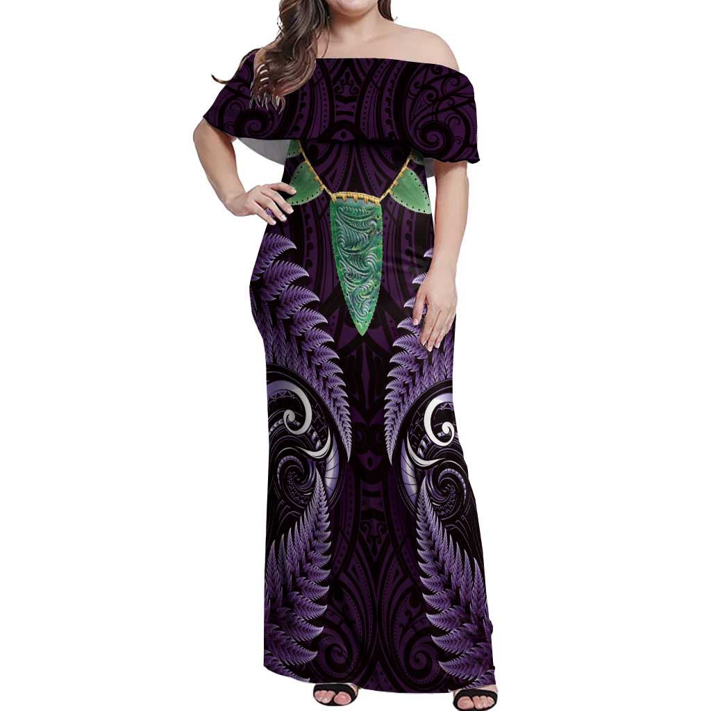 Aotearoa Pounamu Niho Off Shoulder Maxi Dress Silver Fern Mix Maori Pattern - Purple