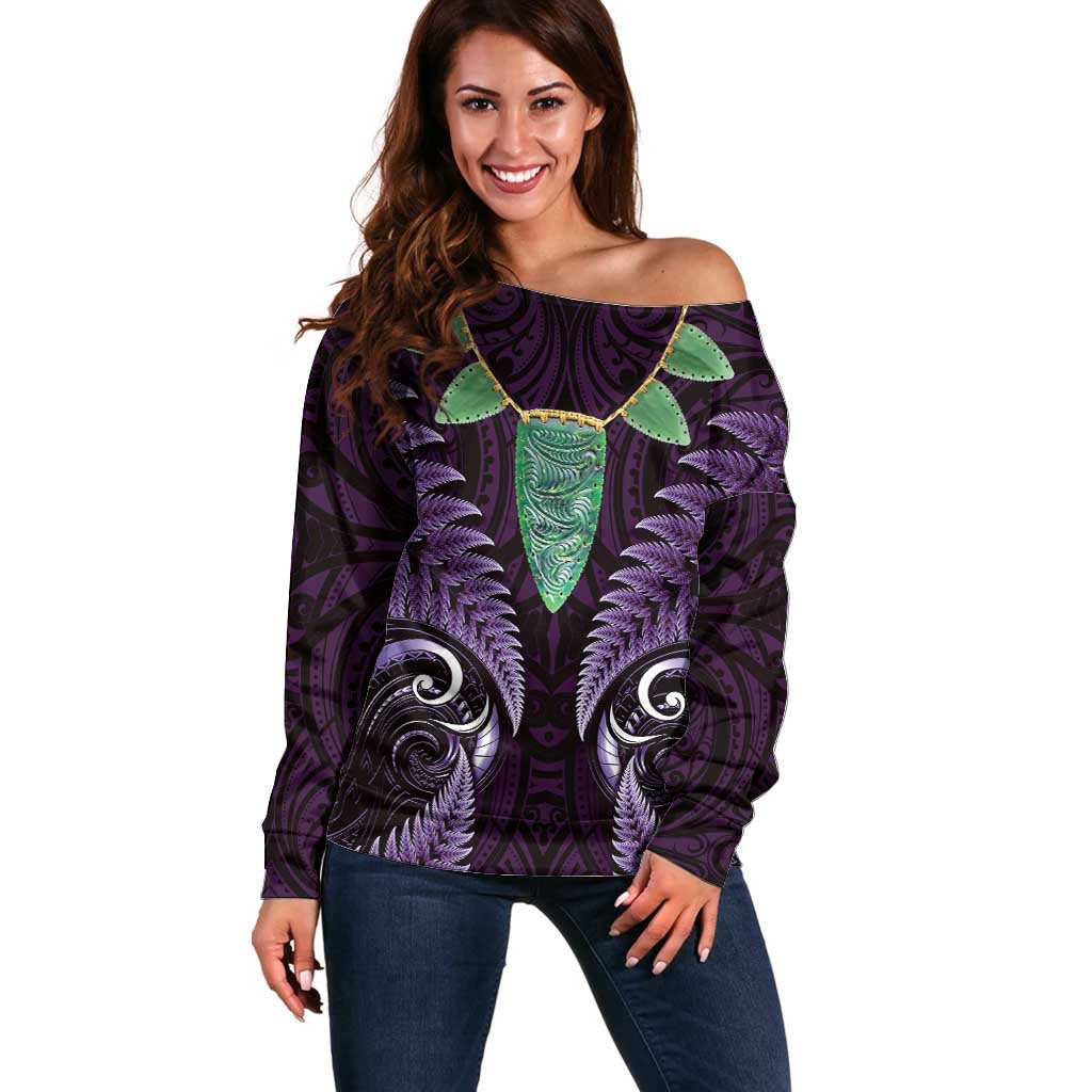 Aotearoa Pounamu Niho Off Shoulder Sweater Silver Fern Mix Maori Pattern - Purple - Vibe Hoodie Shop