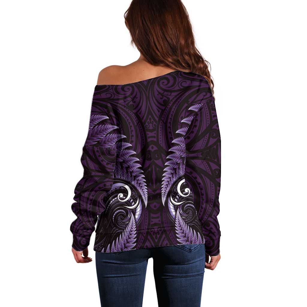 Aotearoa Pounamu Niho Off Shoulder Sweater Silver Fern Mix Maori Pattern - Purple - Vibe Hoodie Shop