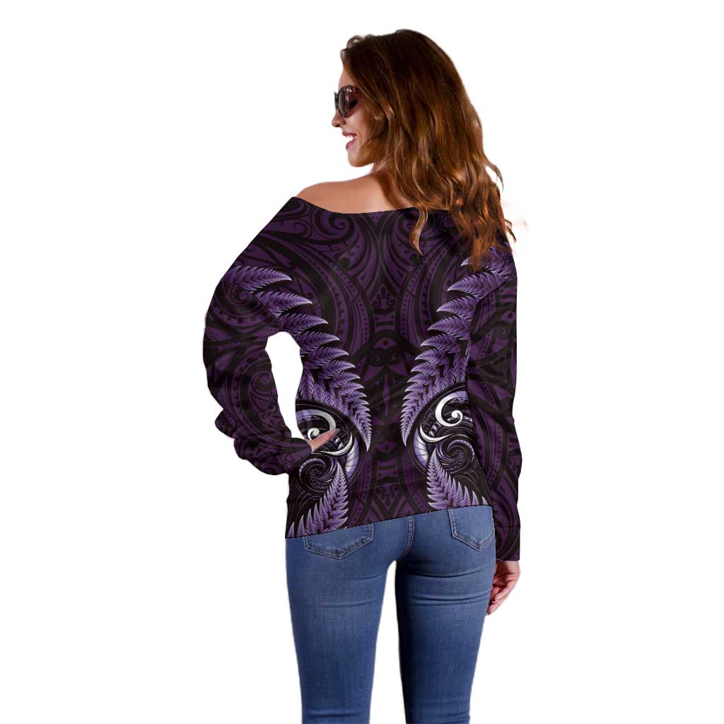 Aotearoa Pounamu Niho Off Shoulder Sweater Silver Fern Mix Maori Pattern - Purple - Vibe Hoodie Shop