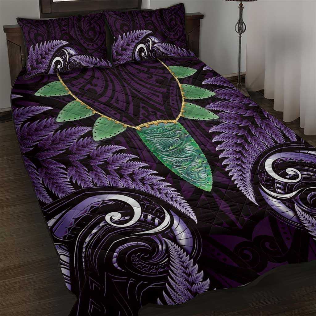 Aotearoa Pounamu Niho Quilt Bed Set Silver Fern Mix Maori Pattern - Purple - Vibe Hoodie Shop