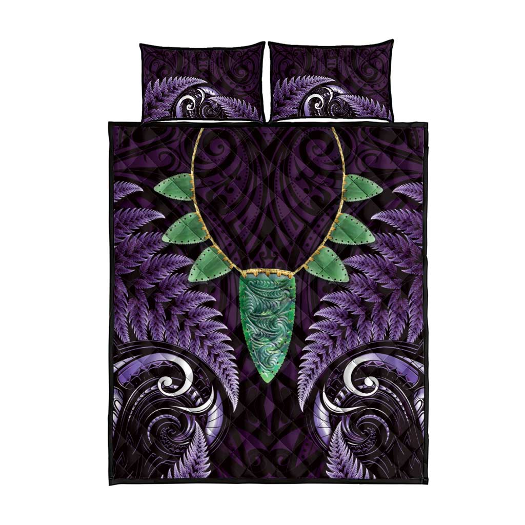 Aotearoa Pounamu Niho Quilt Bed Set Silver Fern Mix Maori Pattern - Purple - Vibe Hoodie Shop