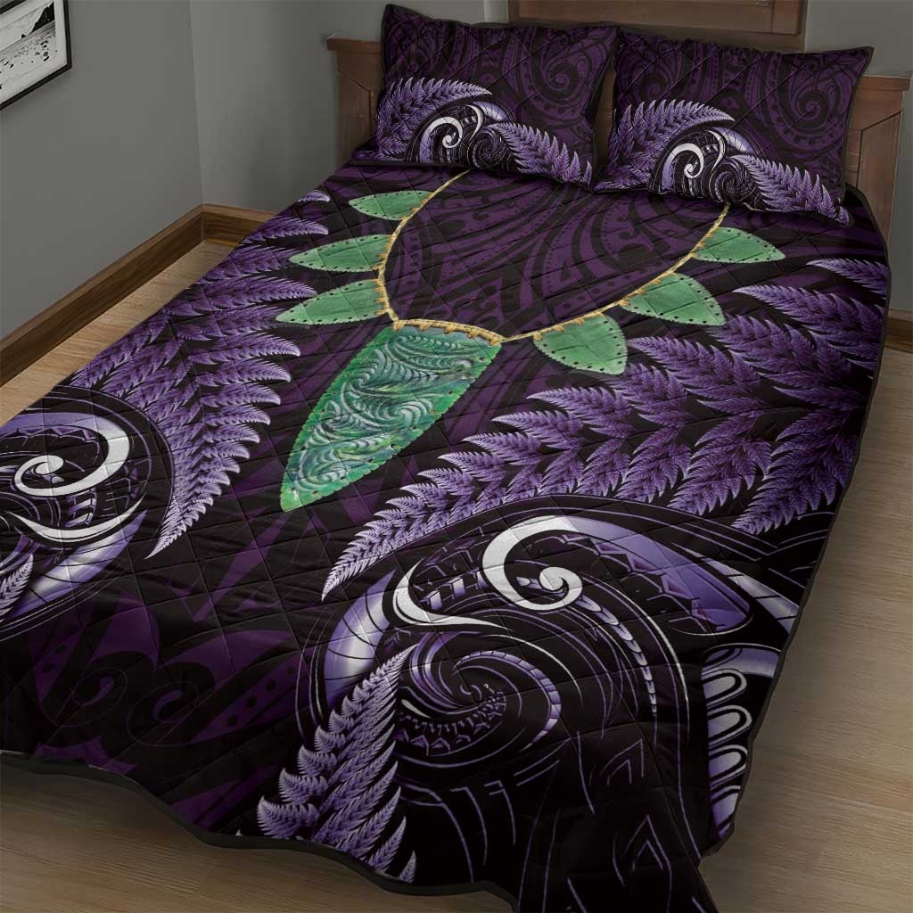 Aotearoa Pounamu Niho Quilt Bed Set Silver Fern Mix Maori Pattern - Purple - Vibe Hoodie Shop