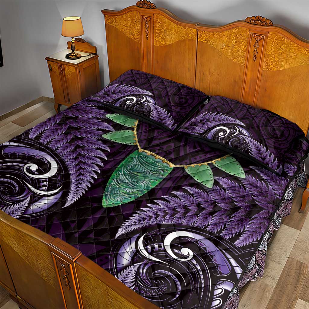 Aotearoa Pounamu Niho Quilt Bed Set Silver Fern Mix Maori Pattern - Purple - Vibe Hoodie Shop