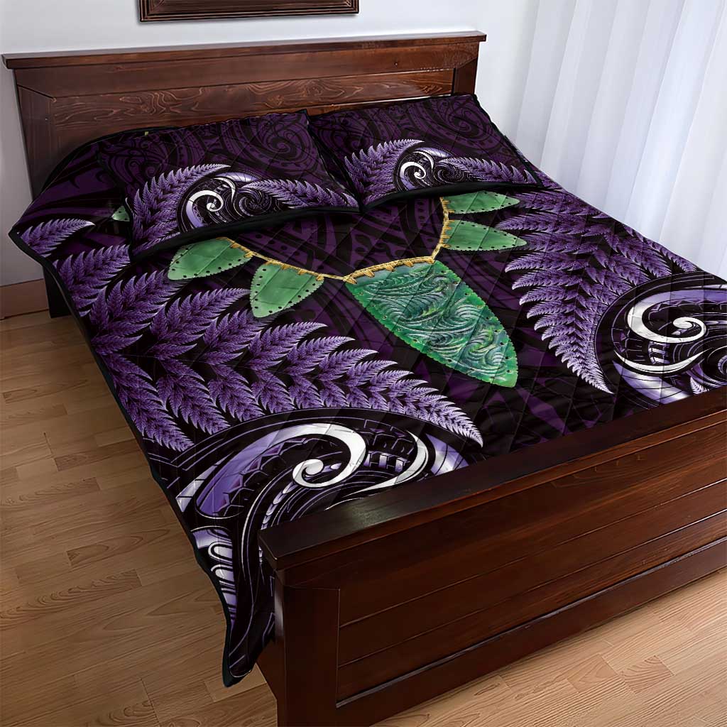 Aotearoa Pounamu Niho Quilt Bed Set Silver Fern Mix Maori Pattern - Purple - Vibe Hoodie Shop