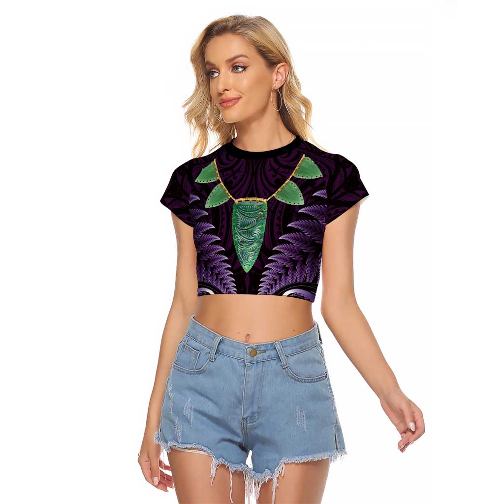 Aotearoa Pounamu Niho Raglan Cropped T Shirt Silver Fern Mix Maori Pattern - Purple - Vibe Hoodie Shop