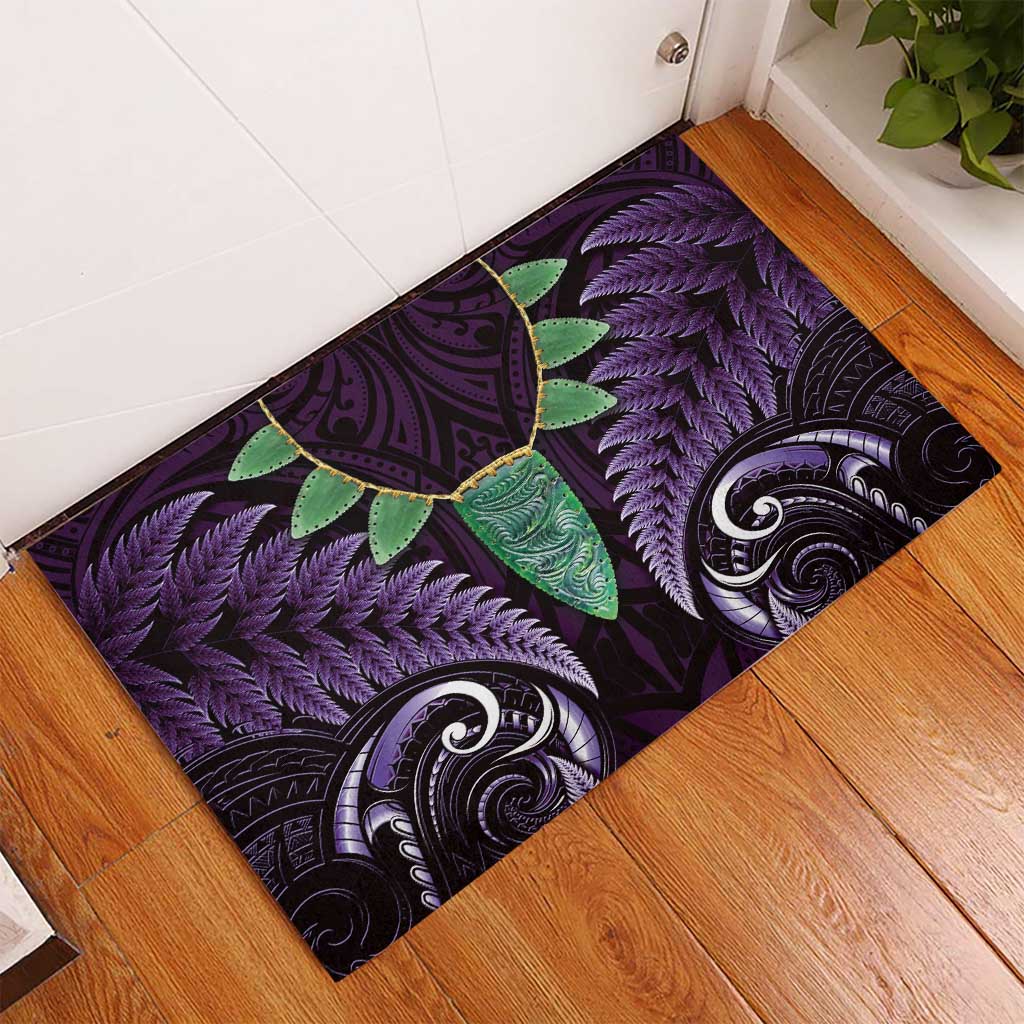 Aotearoa Pounamu Niho Rubber Doormat Silver Fern Mix Maori Pattern - Purple