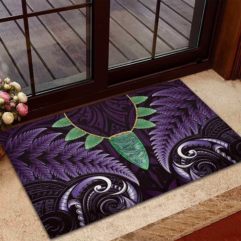 Aotearoa Pounamu Niho Rubber Doormat Silver Fern Mix Maori Pattern - Purple