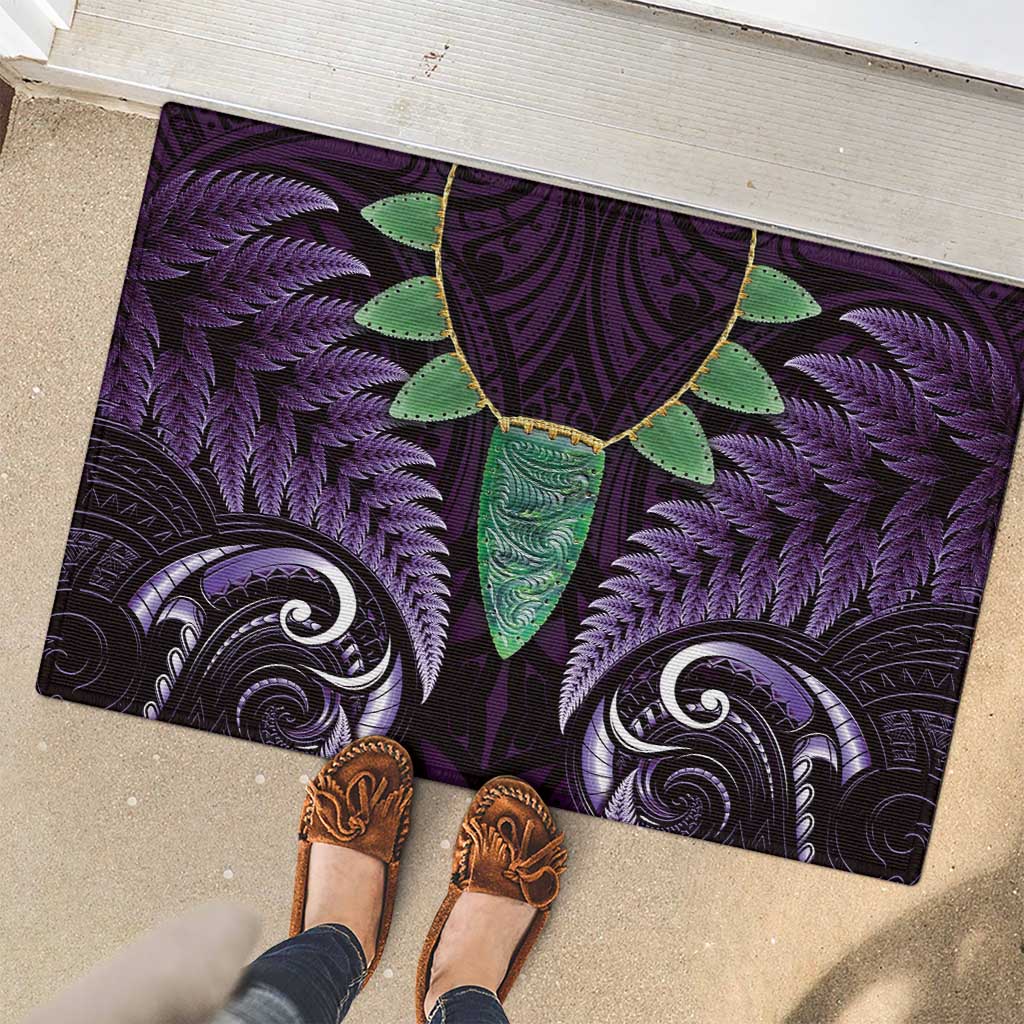 Aotearoa Pounamu Niho Rubber Doormat Silver Fern Mix Maori Pattern - Purple