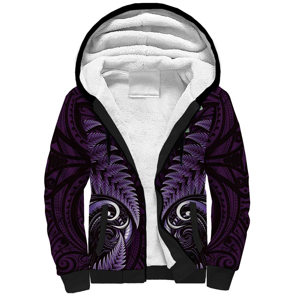 Aotearoa Pounamu Niho Sherpa Hoodie Silver Fern Mix Maori Pattern - Purple - Vibe Hoodie Shop