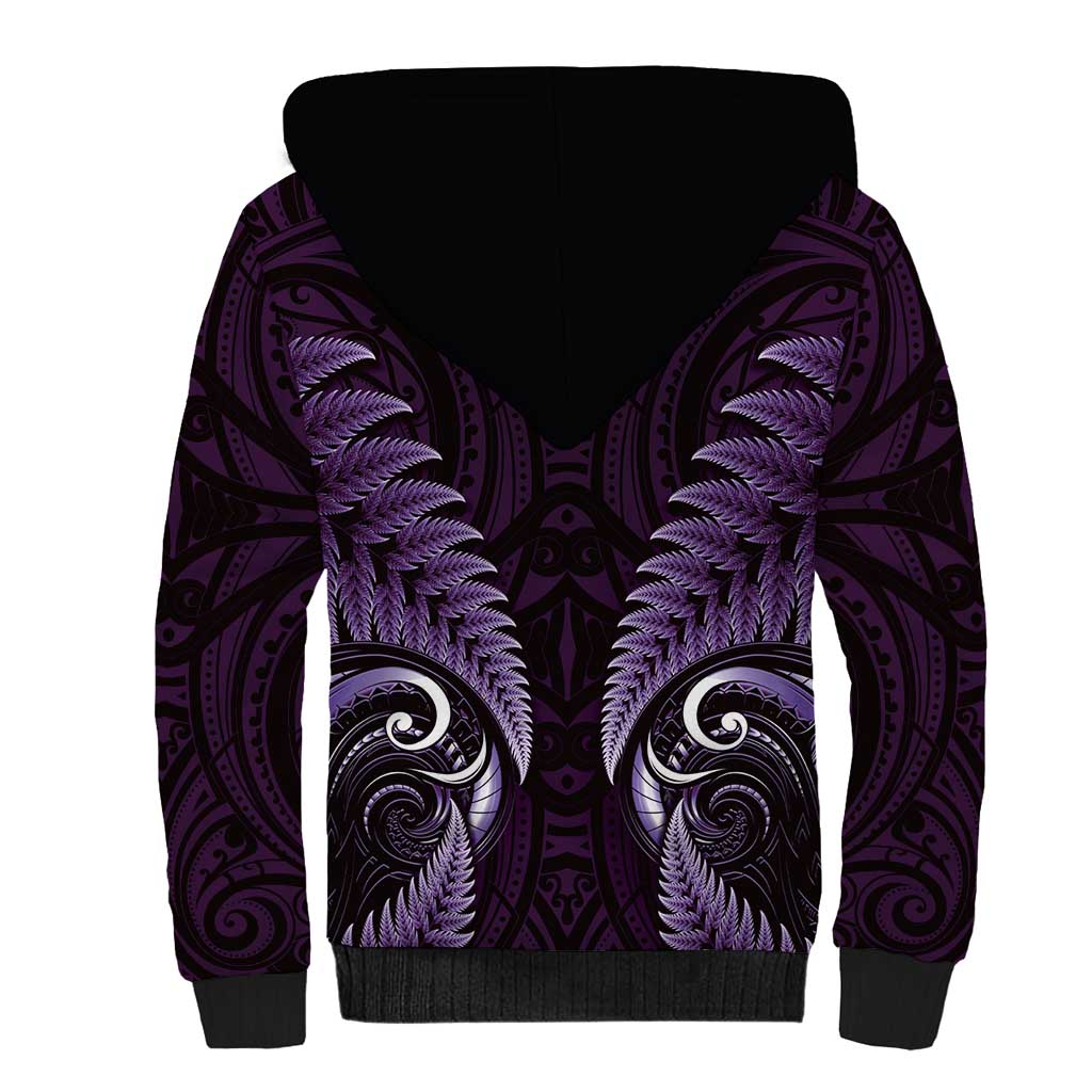 Aotearoa Pounamu Niho Sherpa Hoodie Silver Fern Mix Maori Pattern - Purple - Vibe Hoodie Shop