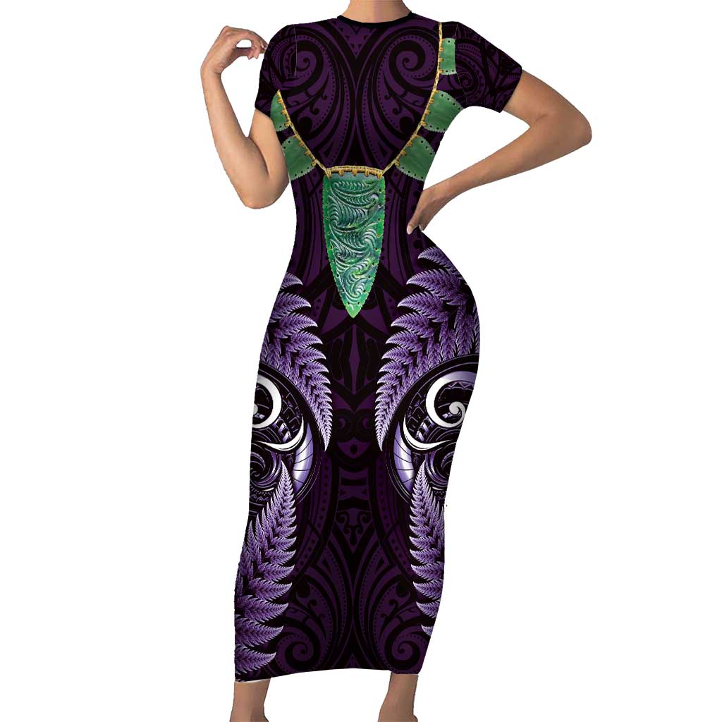 Aotearoa Pounamu Niho Short Sleeve Bodycon Dress Silver Fern Mix Maori Pattern - Purple