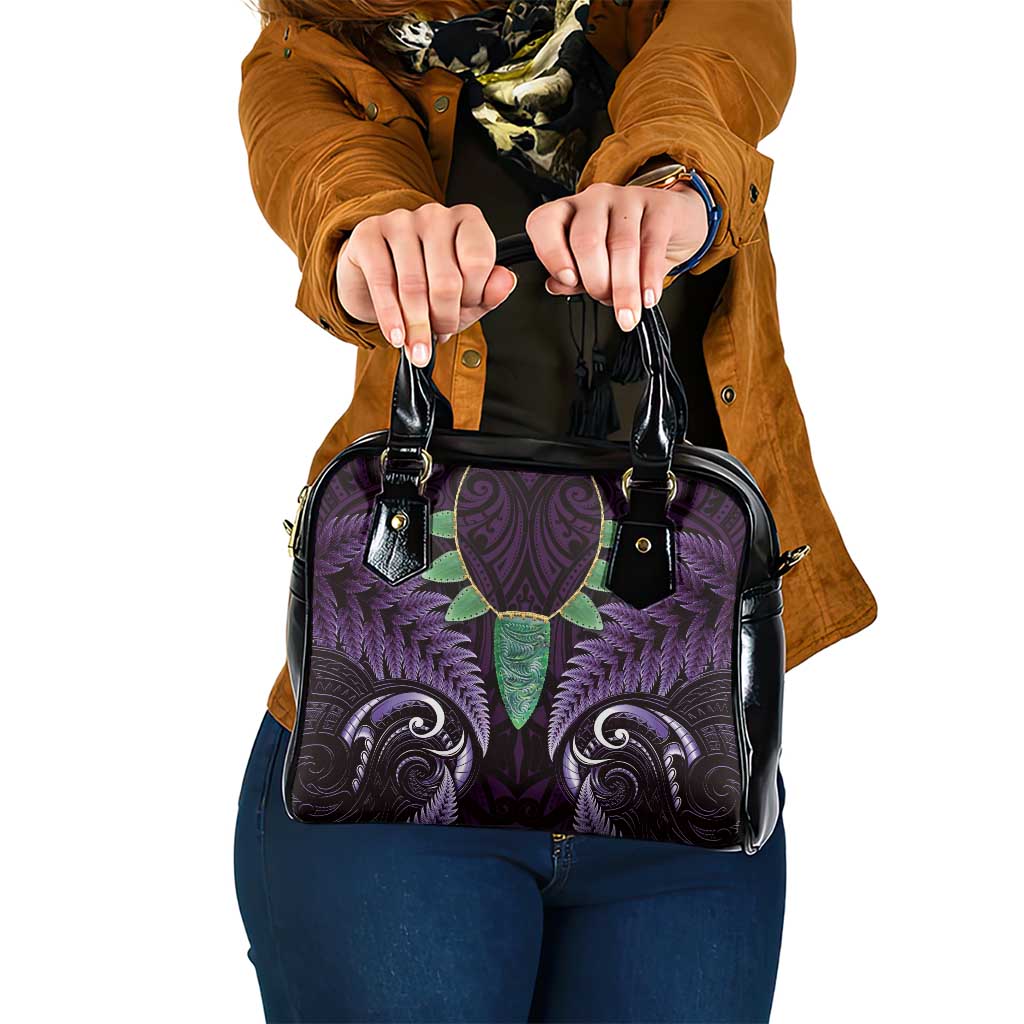 Aotearoa Pounamu Niho Shoulder Handbag Silver Fern Mix Maori Pattern - Purple - Vibe Hoodie Shop