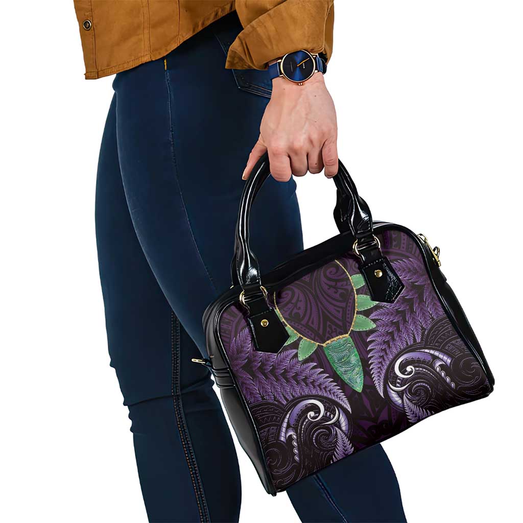 Aotearoa Pounamu Niho Shoulder Handbag Silver Fern Mix Maori Pattern - Purple - Vibe Hoodie Shop