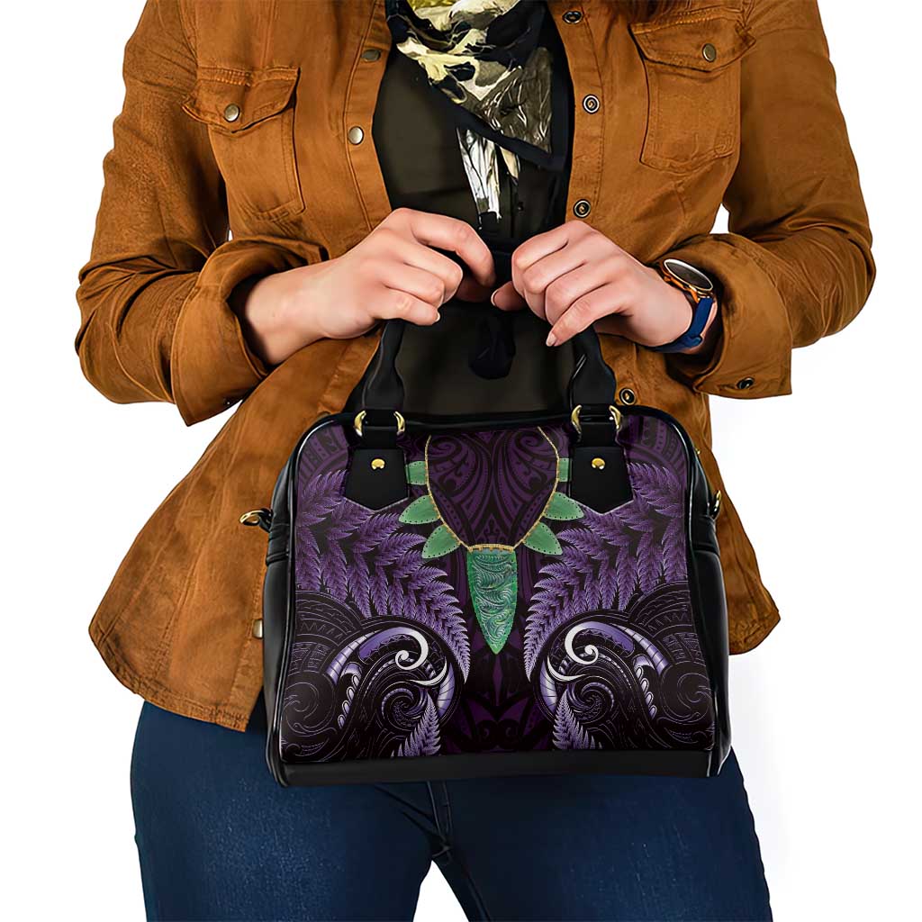 Aotearoa Pounamu Niho Shoulder Handbag Silver Fern Mix Maori Pattern - Purple - Vibe Hoodie Shop