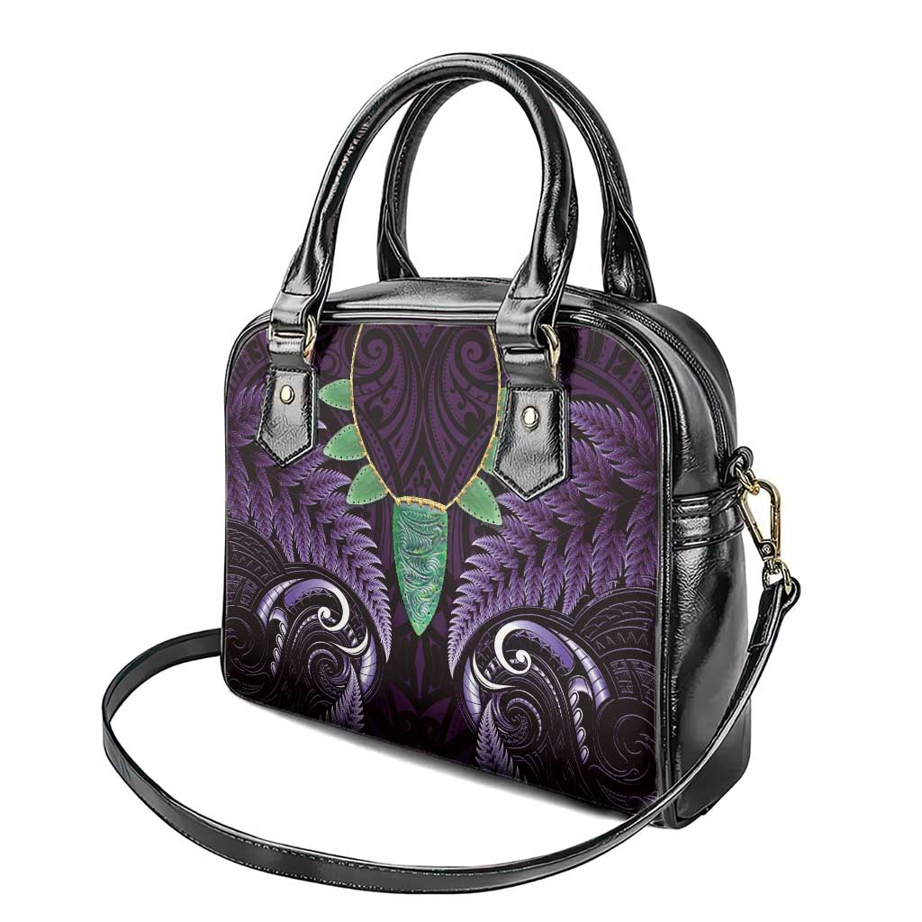 Aotearoa Pounamu Niho Shoulder Handbag Silver Fern Mix Maori Pattern - Purple - Vibe Hoodie Shop