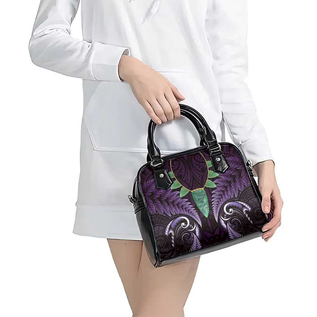 Aotearoa Pounamu Niho Shoulder Handbag Silver Fern Mix Maori Pattern - Purple - Vibe Hoodie Shop