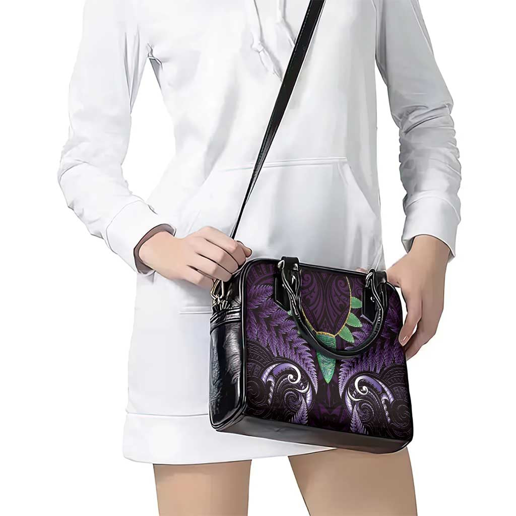 Aotearoa Pounamu Niho Shoulder Handbag Silver Fern Mix Maori Pattern - Purple - Vibe Hoodie Shop