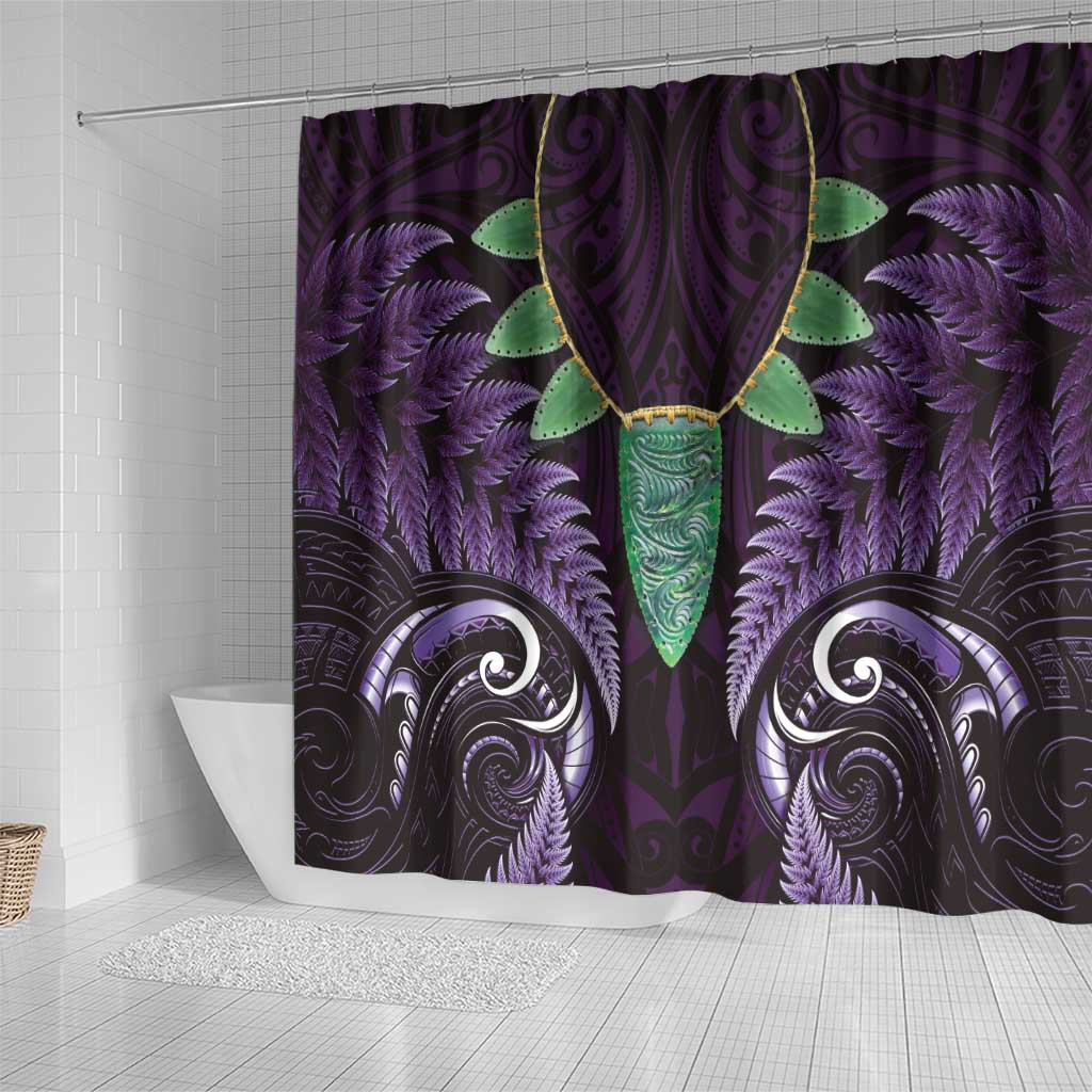 Aotearoa Pounamu Niho Shower Curtain Silver Fern Mix Maori Pattern - Purple