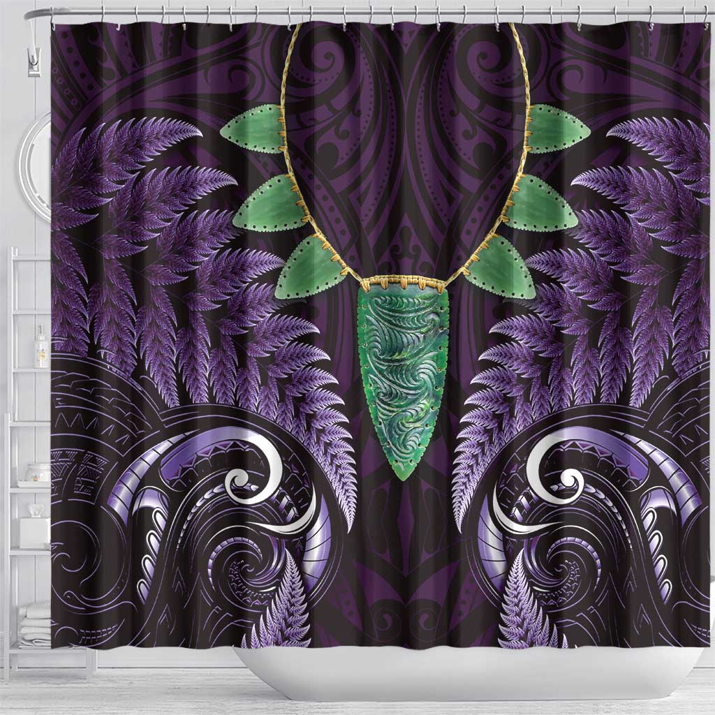 Aotearoa Pounamu Niho Shower Curtain Silver Fern Mix Maori Pattern - Purple