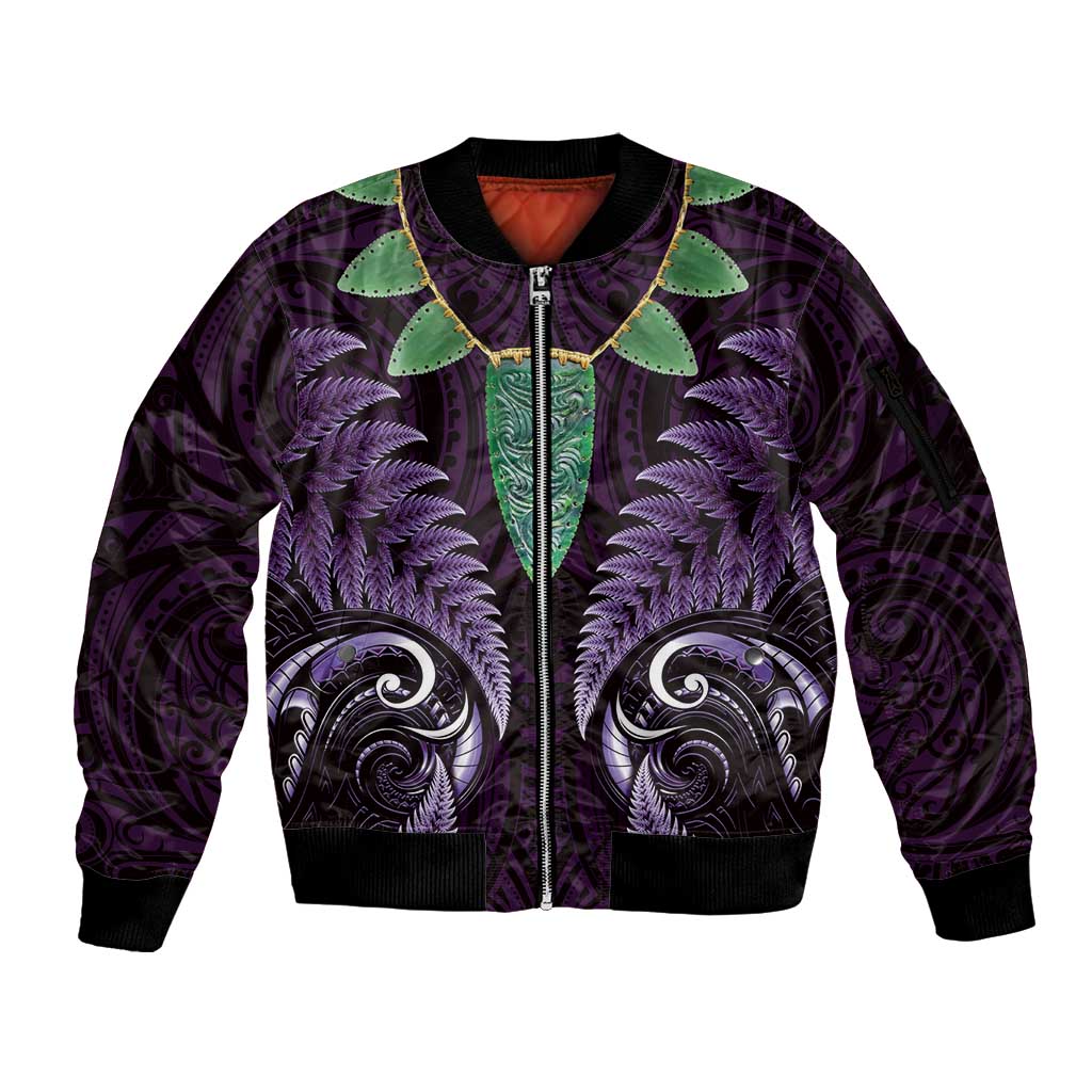 Aotearoa Pounamu Niho Sleeve Zip Bomber Jacket Silver Fern Mix Maori Pattern - Purple