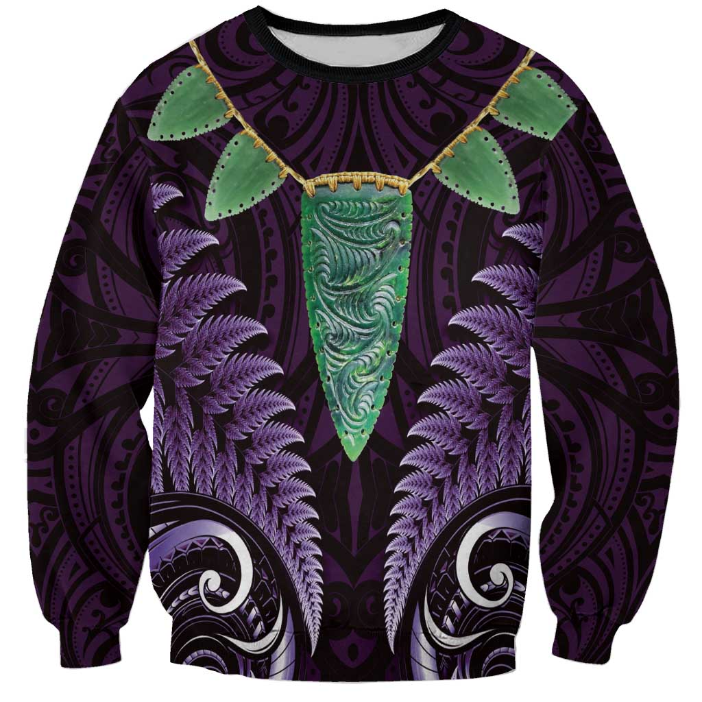 Aotearoa Pounamu Niho Sweatshirt Silver Fern Mix Maori Pattern - Purple - Vibe Hoodie Shop