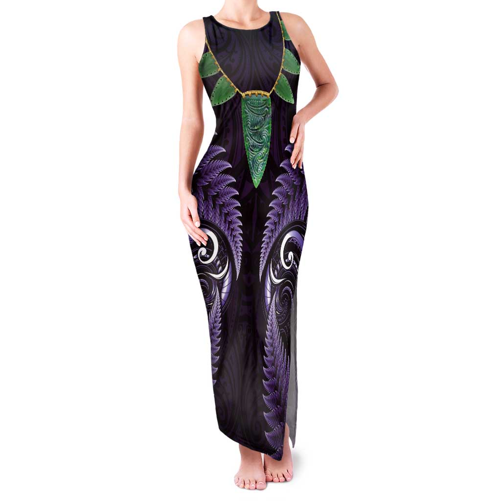 Aotearoa Pounamu Niho Tank Maxi Dress Silver Fern Mix Maori Pattern - Purple