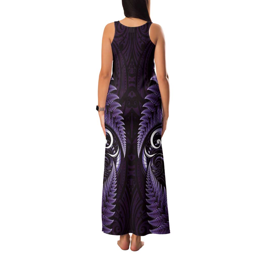 Aotearoa Pounamu Niho Tank Maxi Dress Silver Fern Mix Maori Pattern - Purple