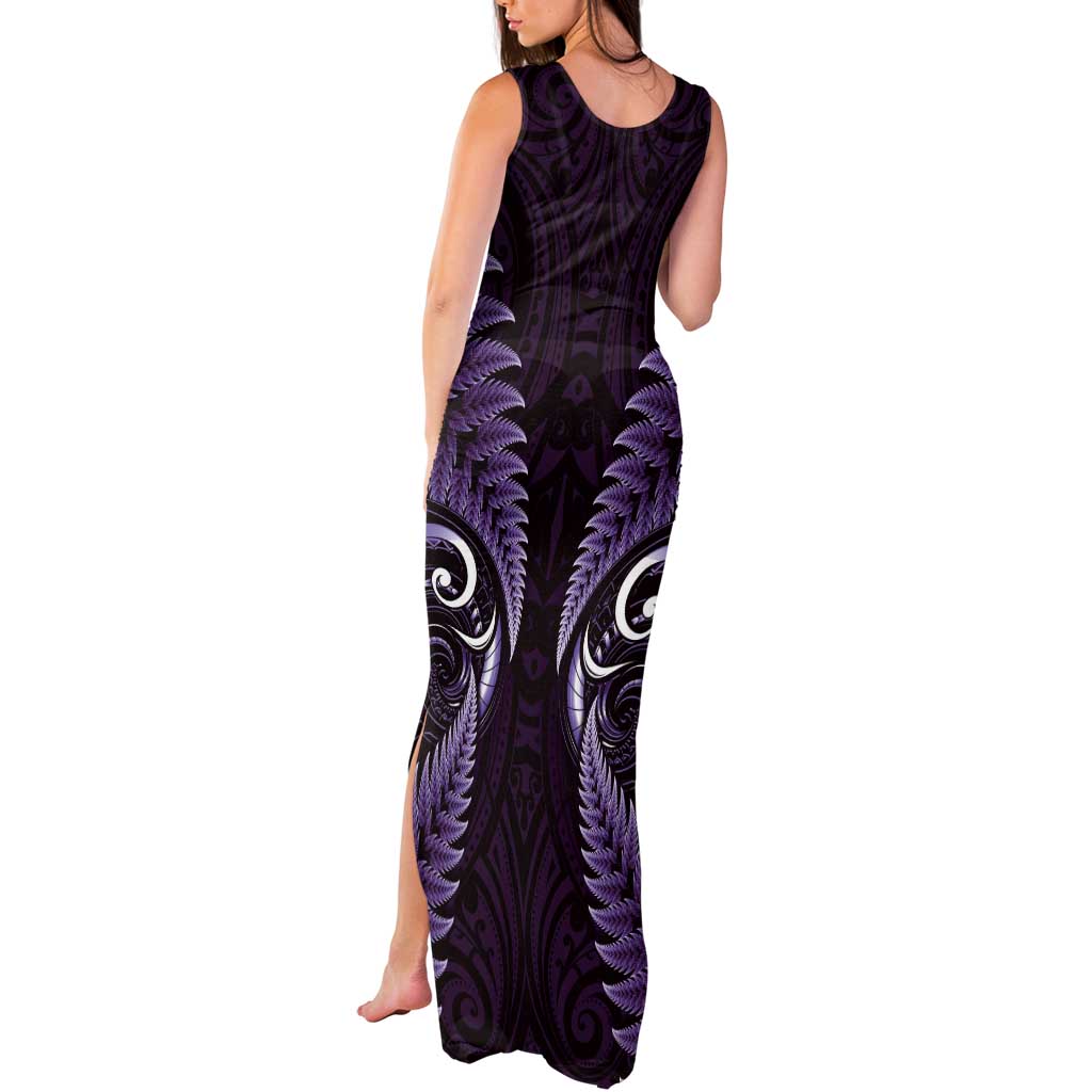 Aotearoa Pounamu Niho Tank Maxi Dress Silver Fern Mix Maori Pattern - Purple