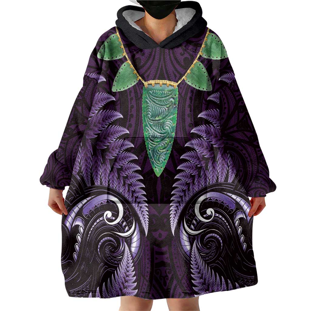 Aotearoa Pounamu Niho Wearable Blanket Hoodie Silver Fern Mix Maori Pattern - Purple - Vibe Hoodie Shop